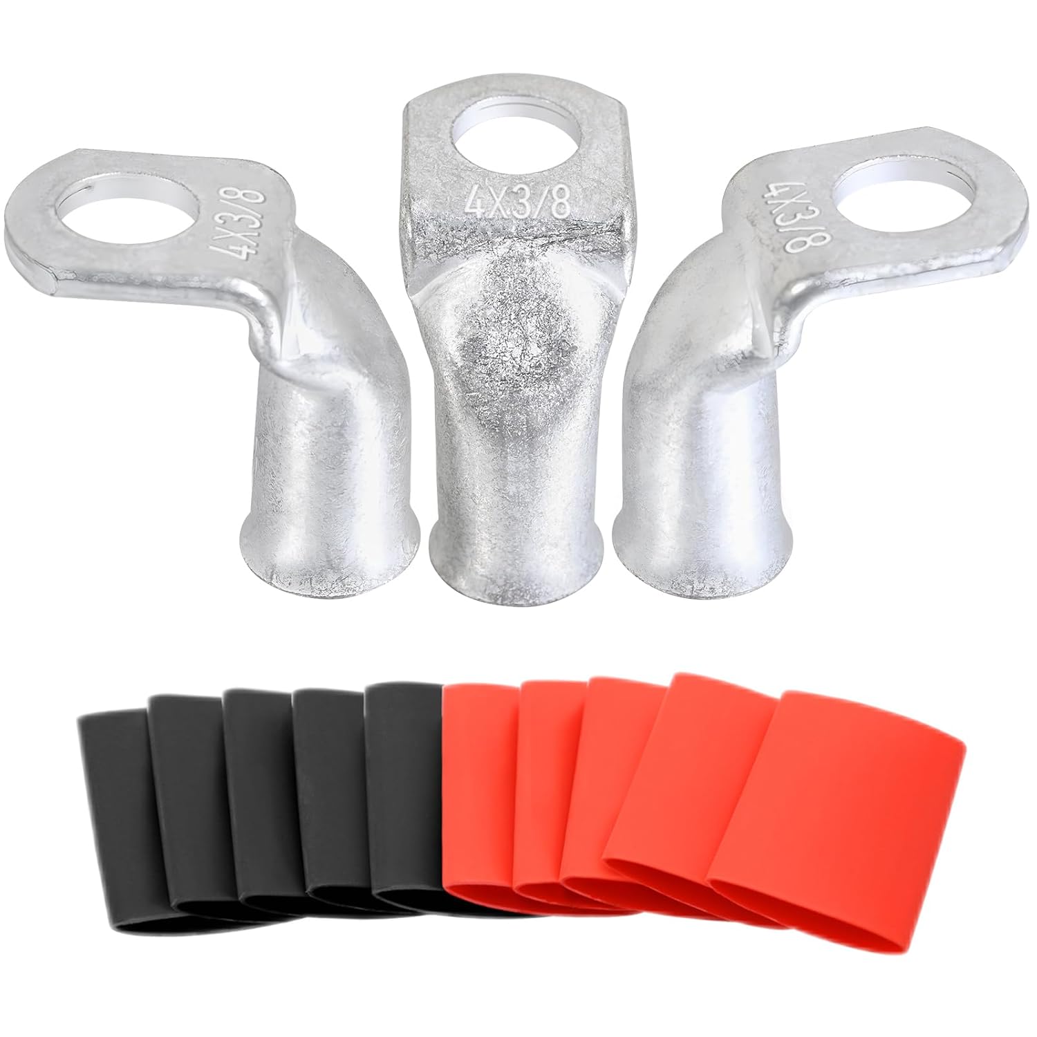 Tinned Copper Cable Lugs 10pcs 4 AWG-3/8 90 Degree Bent Battery Lugs,Heavy Duty Wire Lugs,Ring Terminal,4 Guage terminals,Battery Cable Ends/Terminal Connectors with 10pcs 3:1 Heat Shrink Tubing