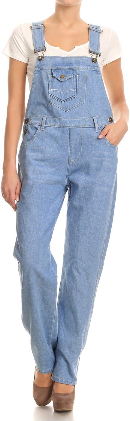Anna-Kaci Womens Vintage Wash Straight Leg Denim Overalls With Pocket Bib