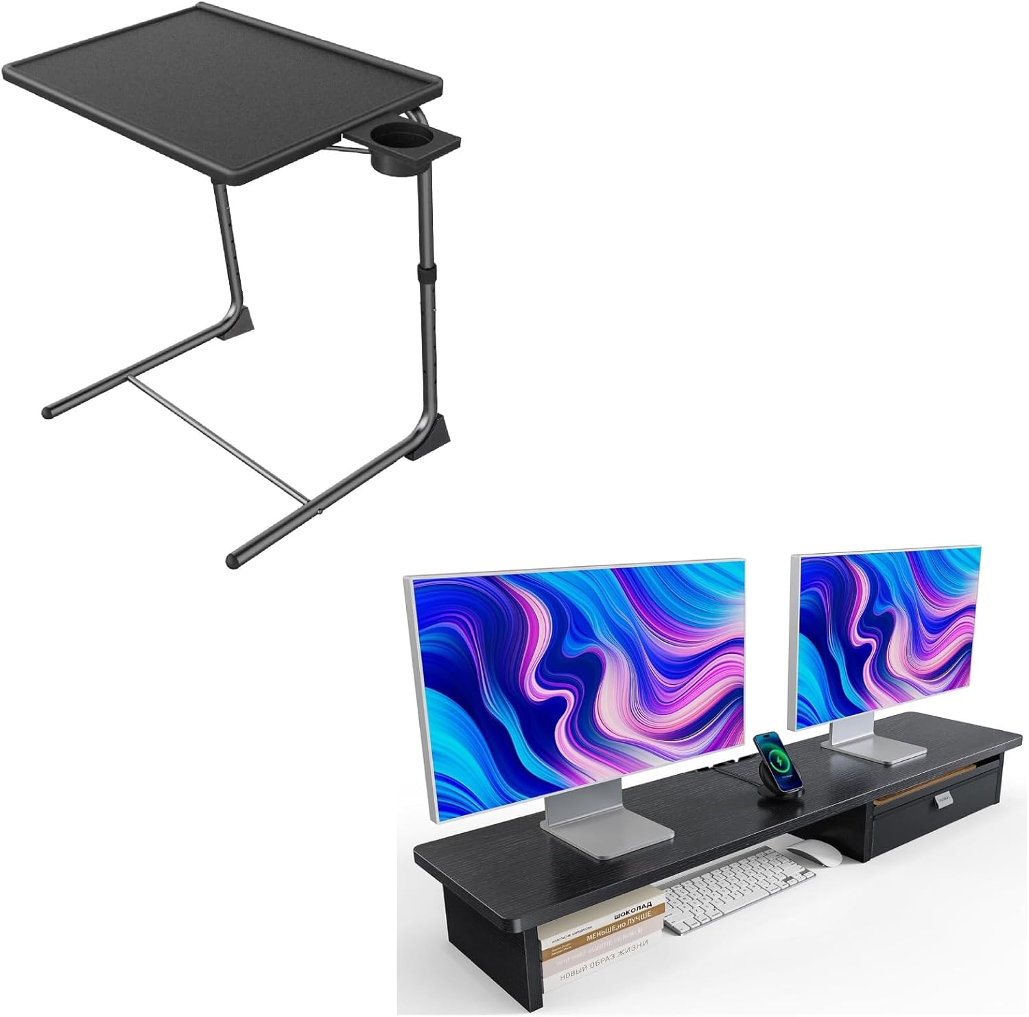 HUANUO Adjustable TV Tray Table, Large Dual Monitor Stand with Drawer