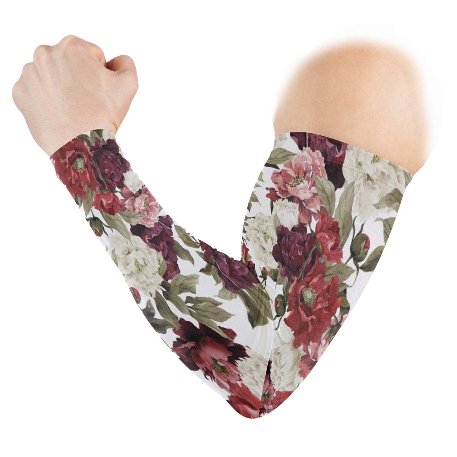 Floral White Red Roses with Green Leaves Seamless on White 1 Pair Cooling Sports Arm Sleeves, Cover Uv Sun Protection Warmer for Sports Men Women Running Golf Cycling Riding Jogging