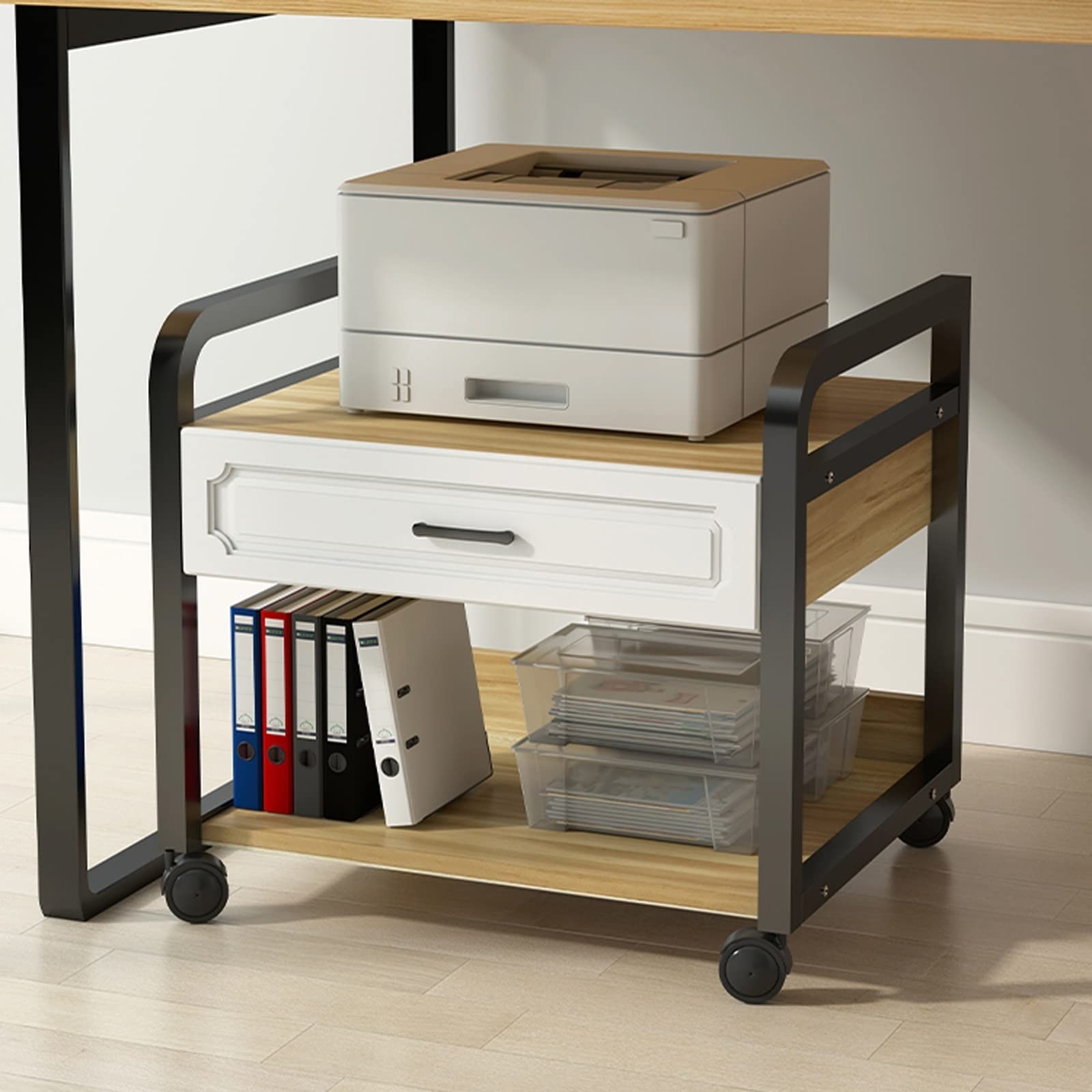 Druckerständer mit Schubladen und Lenkrollen, Heimbüro, Organizer für Faxgeräte, mobiler Druckerwagen, unter dem Schreibtisch, Aufbewahrungsregal (L x B x H): 50 x 40 x 52 cm