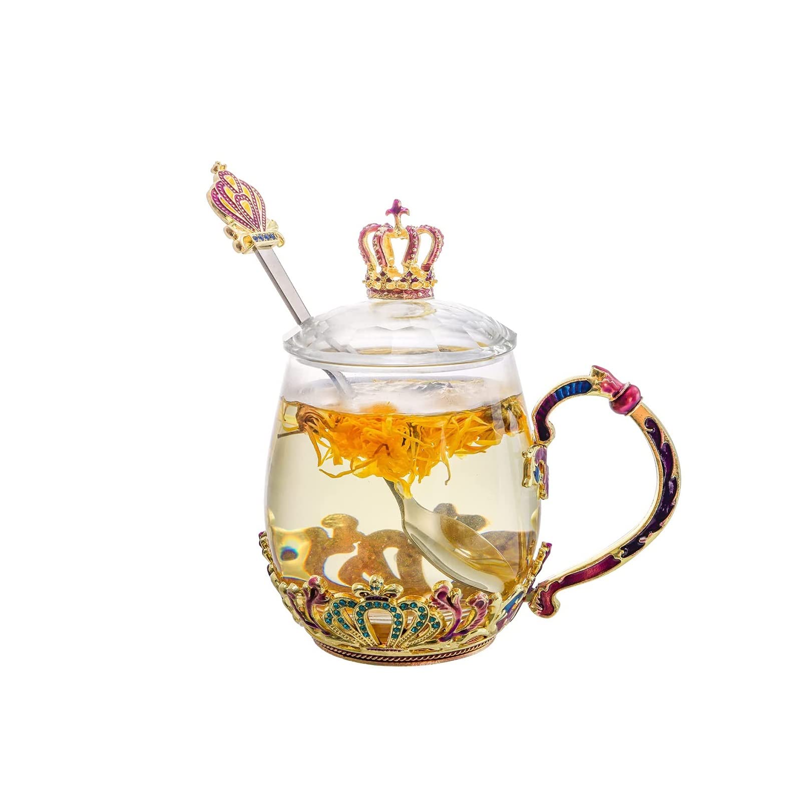 Handgefertigte Emaille-Kaffeebecher mit Deckel, Handarbeit Vintage Fancy Teetasse mit Krone kristallklar Kaffeebecher, für Geburtstag Valentinstag Weihnachten Emaille Glasbecher