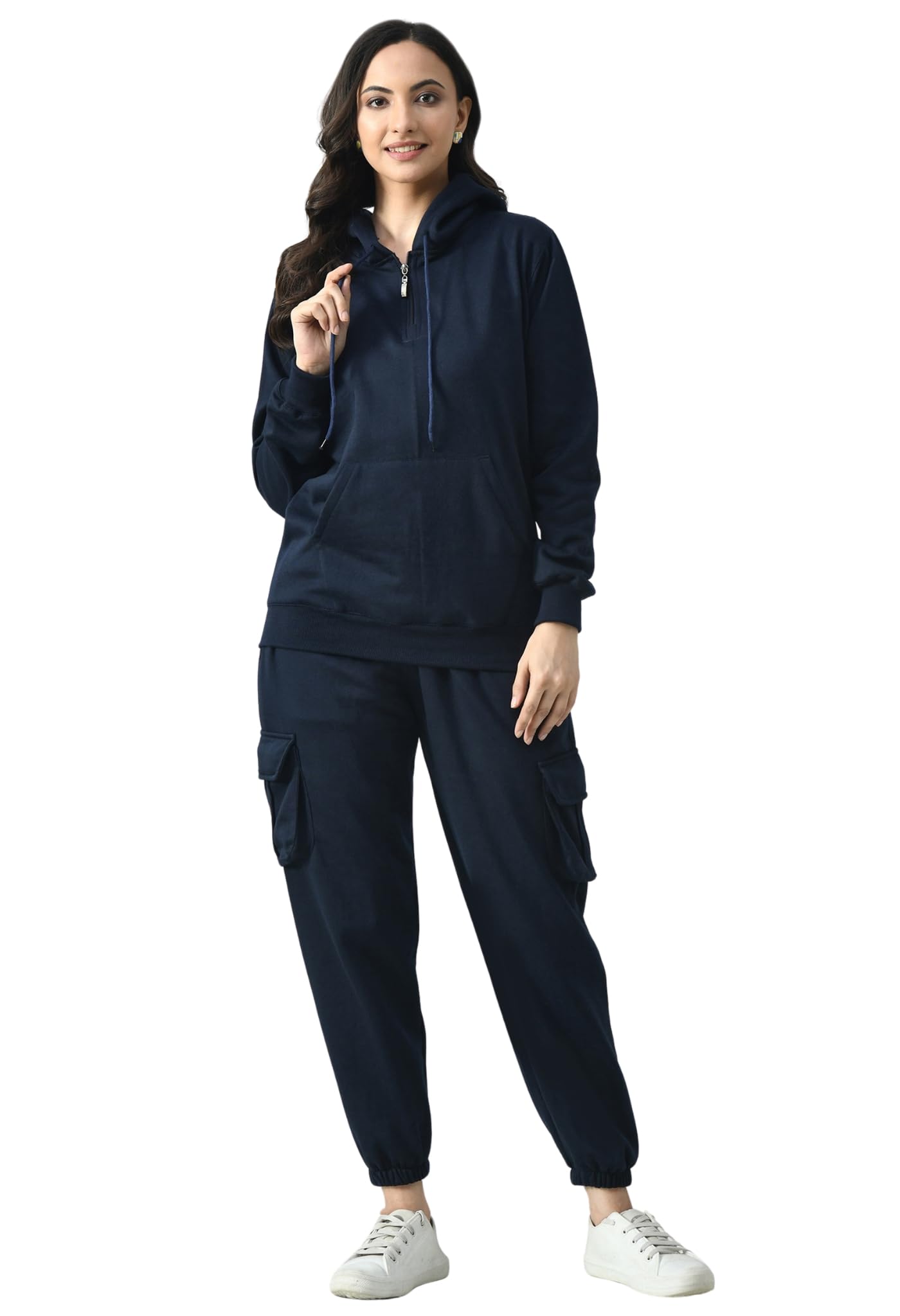 Women's Fleece Zip Hoodie & Cargo Jogger Tracksuit Set | Winter Co-Ord Set | Full Sleeve Sweatshirt with Kangaroo Pocket | Cargo Track Pants | Warm Casual Outfit-image-10