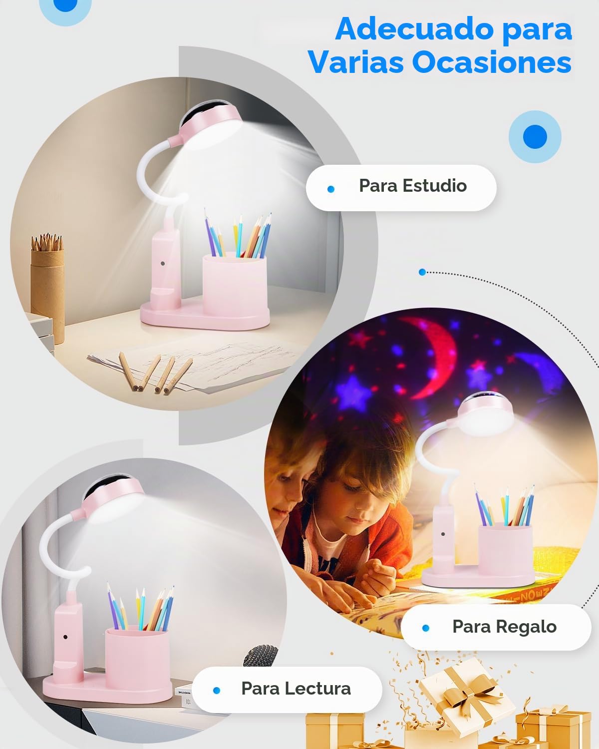 TechKen Lámpara de Escritorio para Niños, Lámpara de Noche LED Regulable Flexo LED para Lectura con Portalápices Lámpara de Mesa de Estudio Cuello de Cisne con Ces Proyección de Estrella | Regulable Niveles de brillo, lámpara recargable de cuello de cisne