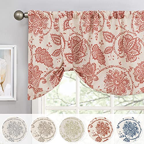 JINCHAN Valance Curtain Kitchen Farmhouse Window Valance for Living Room Linen Scroll Paisley Valance for Bedroom Bathroom Floral Printed Tie Up Small Valance 20 Inch 1 Panel Rod Pocket Red on Beige