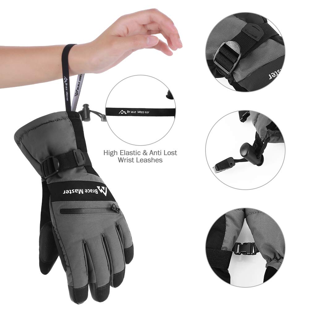 Brace Master Gants De Ski Imperméables Chaleur 3M Thinsulate – Écran Tactile, Antidérapants, Poches Zippées