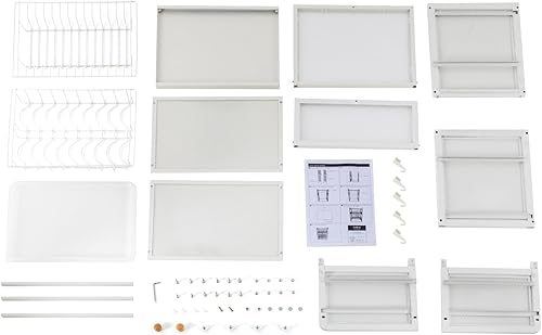 Miniatura 5 de Armario para platos de encimera, 3 niveles pequeño de cocina, armario de almacenamiento con puerta abatible y ganchos, bandeja de goteo desmontable