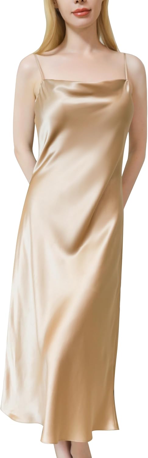 Women’s 19 Momme Mulberry Silk Nightgown Cowl-neck Chemise Midi Sleepwear Spaghetti...