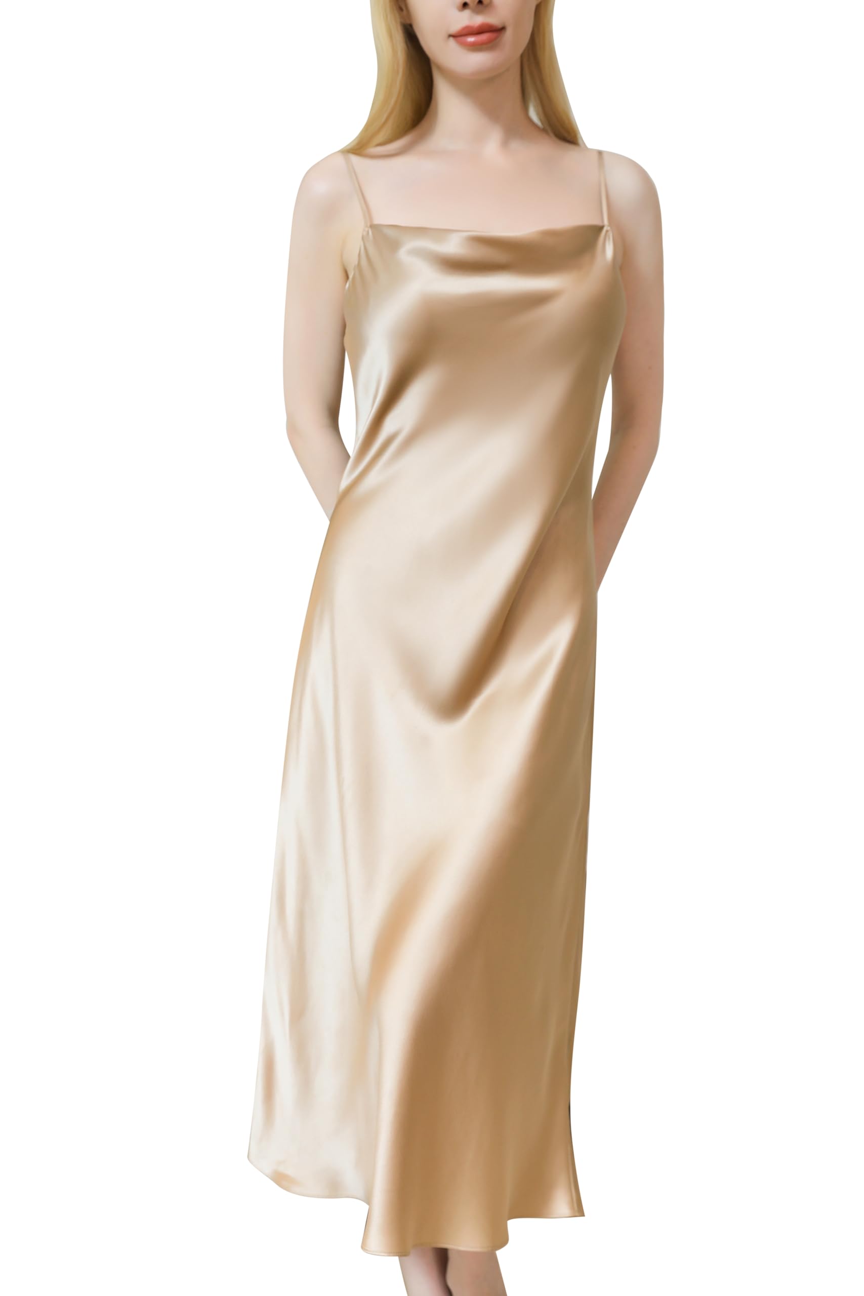 Nuisette en soie de mûrier pour femme - 19 mommes - Col cowl - Vêtement de nuit midi - Bretelles spaghetti - Robe de nuit à culotte