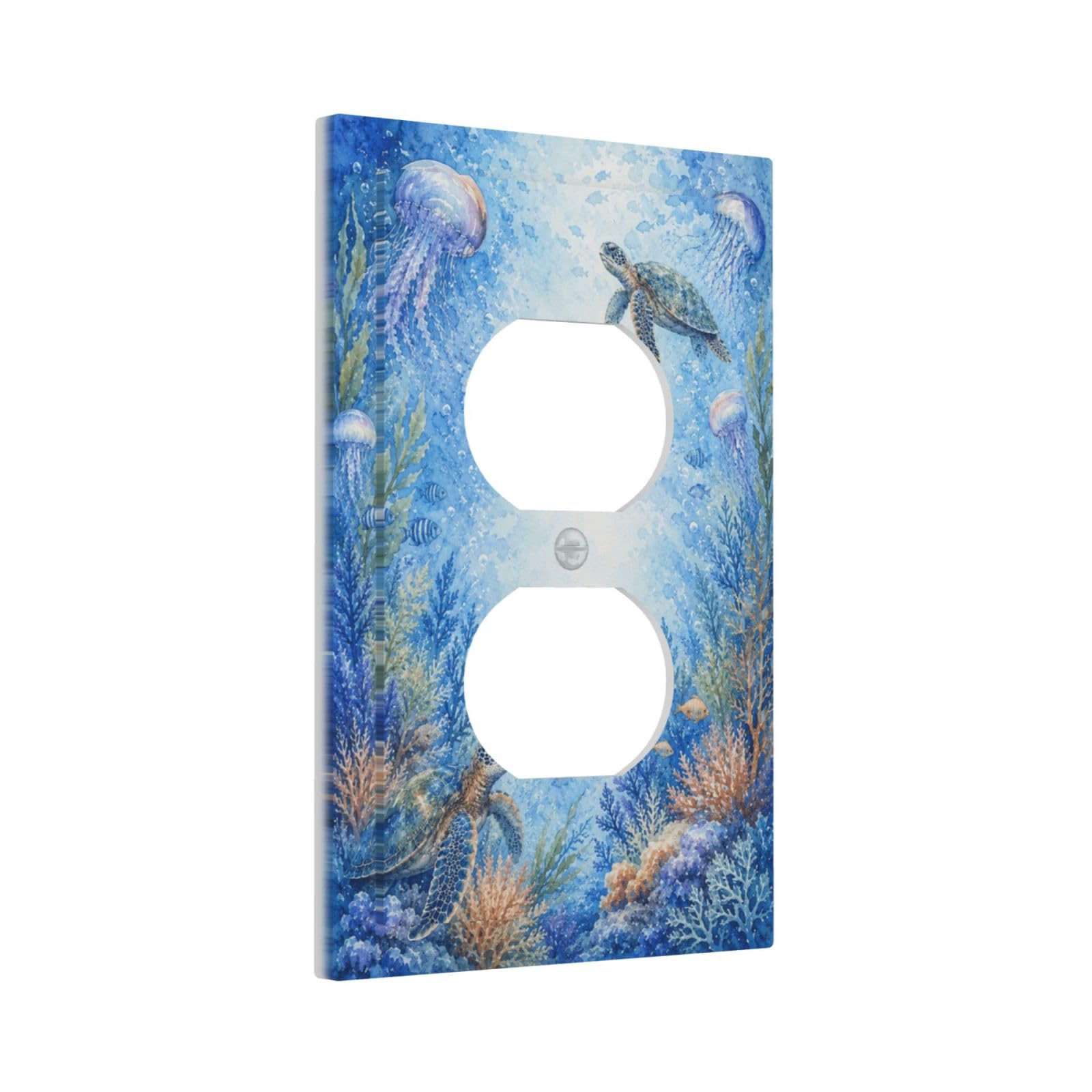 Yamxbfa Blue Underwater Sea Turtle Pastel Jellyfish Coral Seaweed Decorative Outlet Covers 1 Gang Duplex Light Switch Cover Plate Unique Wall Plates Switch Plate Covers For Bathroom Decor
