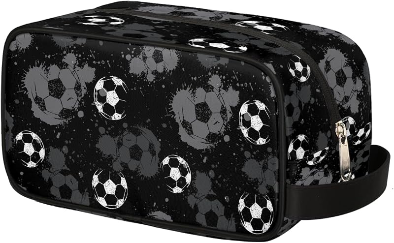 Kids Travel Toiletry Bag - Black White Soccer Ball Waterproof Hanging Cosmetic Hygiene Bags for Boys Men - Large Shave Kit for Toiletries Accessories Bathroom Stuff