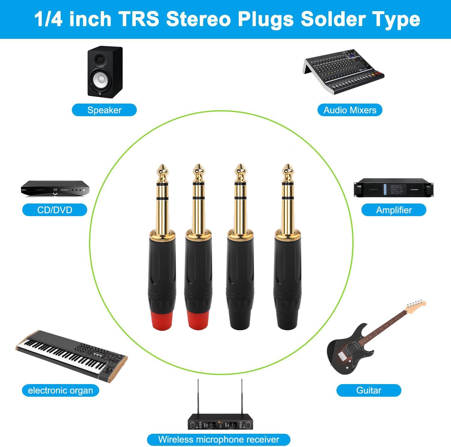 RUNCCI-YUN 4 pz connettore saldare 6,35 mm,Spina audio TRS da 6,35 mm, connettore stereo maschio da 1/4", spina per microfono 6,35 mm TRS placcata in oro per chitarra/altoparlante/microfono