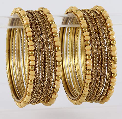 Image of NMII Metal with Zircon Gemstone, Pearls and Beads Studded Glossy Finished Bangle Set For Women and Girls