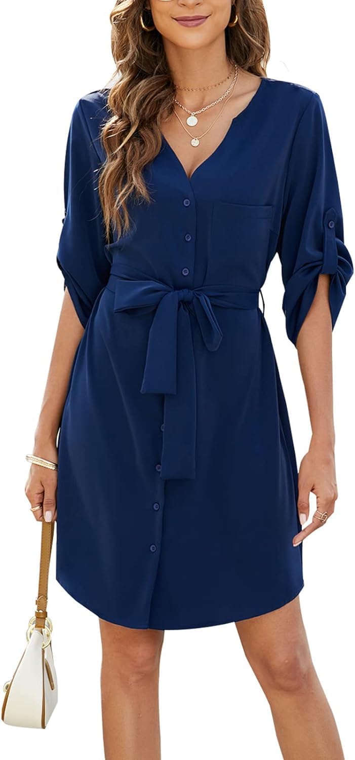 Womens Mini Shirt Dress V Neck Long Sleeve Soft Dress
