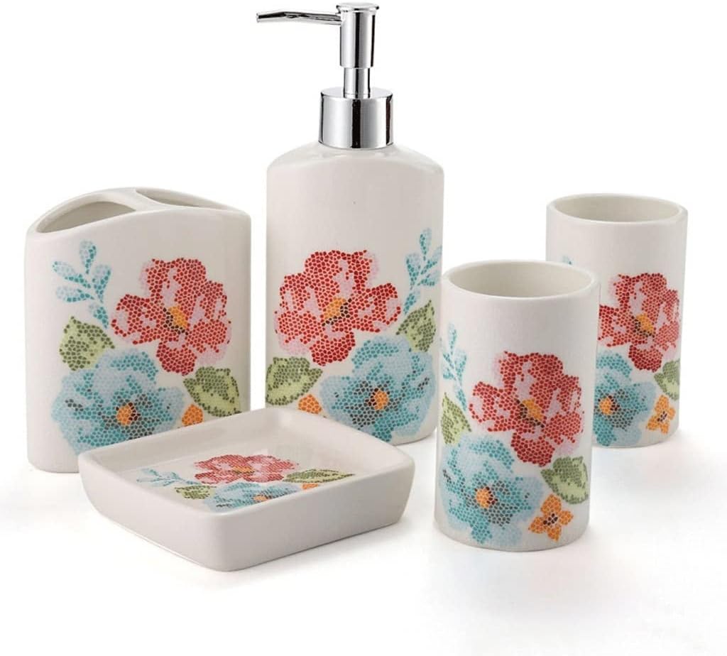 Soap Dispenser Soap Dispenser, Ceramic Refillable Lotion Dispenser, 5 Piece Bathroom Accessories Set for Shampoo Laundry Detergent Body Wash Reusable