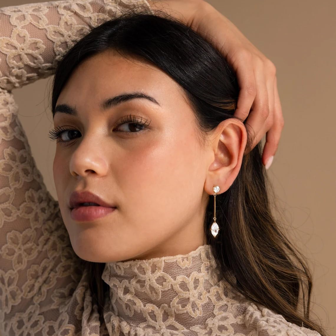 18K Gold Plated Cubic Zirconia Crystal Dangle Earrings for Women Hypoallergenic Long Marquise Diamond Drop Earrings Elegant Dangling Earrings for Bridal Minimalist Wedding Jewelry - Image 4