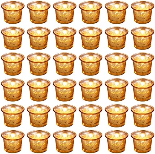 Nuptio Tea Light Candle Holders - Set of 12 Glass Tealight Holders Bulk Mercury Gold Candle Holder for Floating Votive Candles Table Centrepiece for Wedding Party Reception Christmas Decorations