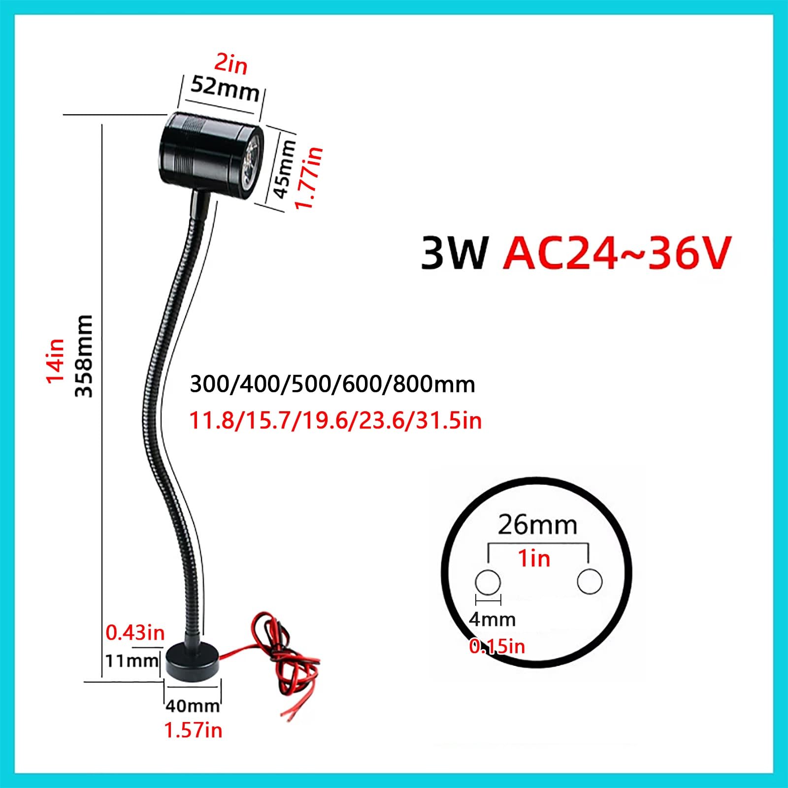 Lampada da Lavoro per Macchine Utensili da 3W, Lampada Industriale Flessibile a Collo D'oca, 24-36V, Base a Vite, per Trapani a Colonna e Fresatrici(600mm/23.6in)