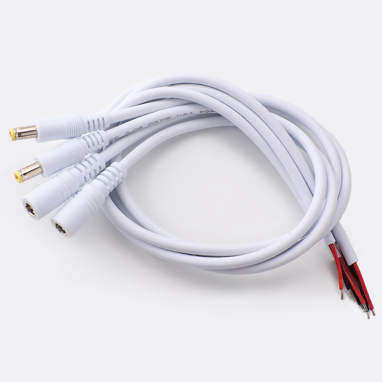 KUOQIY 4 PCS 50cm 18 AWG 5.5mm x 2.5mm DC Power Pigtails Cable, DC Male and Female to Bare Wire Open End Power Supply Replacement Repair Cord, for CCTV Security Camera, LED Strip Light, White