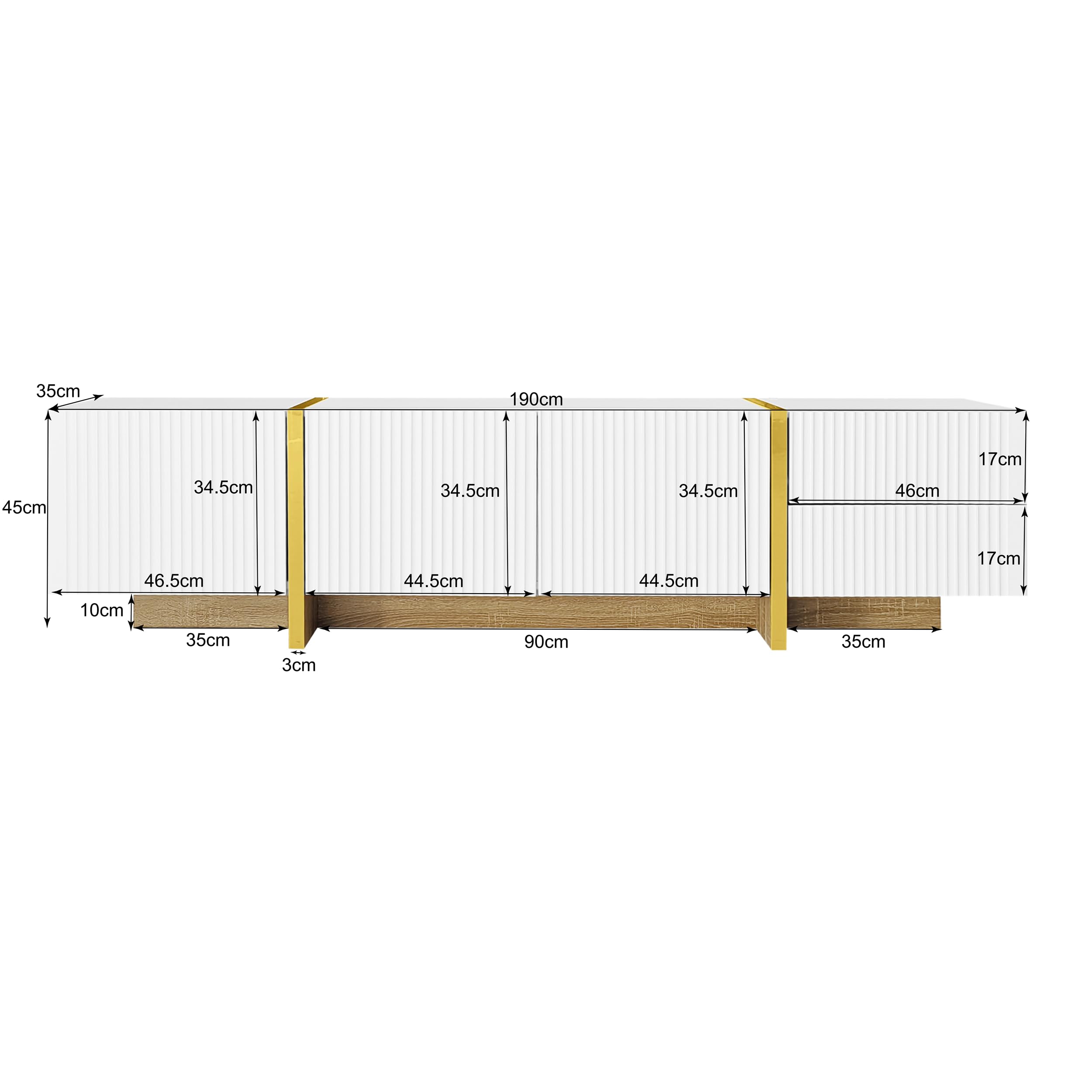 Mobile TV da 190 cm, 3 ante, 2 cassetti, bianco con venature dorate, nere e legno, 190 L x 35 L x 45 H cm (oro bianco)