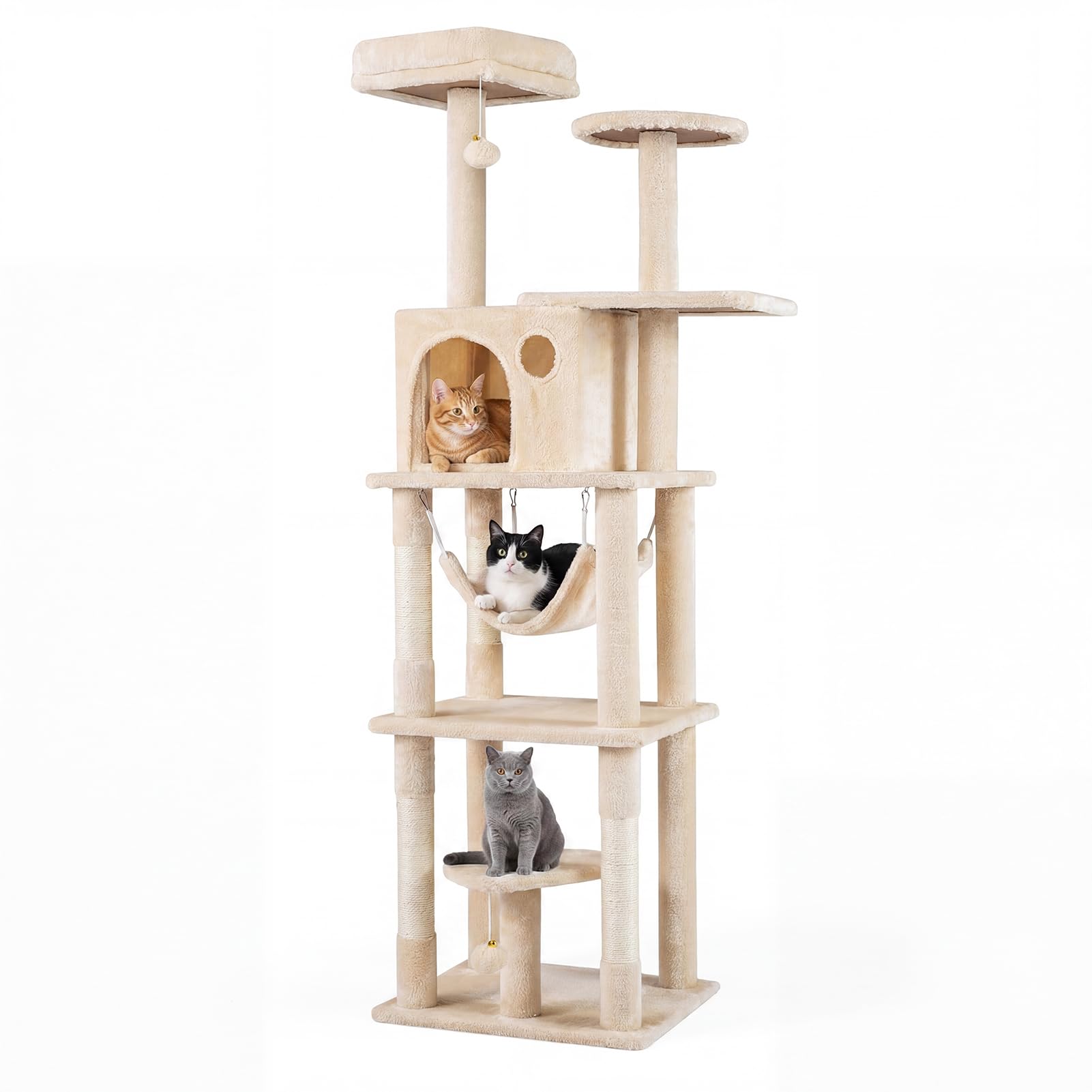 COSTWAY Cat Tree, 168cm Tall Modern Cats Tower with 2 Perches, Hammock, Condo, Natural Sisal-Covered Scratching Posts & 2 Dangling Pompoms, Indoor Multi-Level Kitten Climbing Stand Activity Center