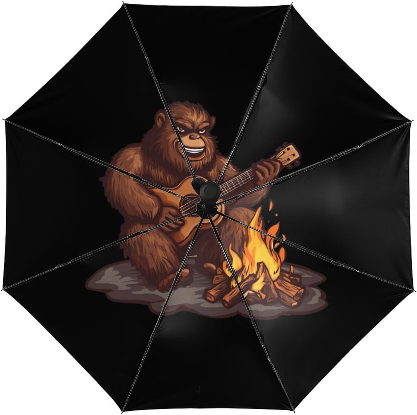 Bigfoot Playing Guitar Rock on Sasquatch Big Foot Windproof Travel Umbrella Compact Portable Automatic Umbrella for Sun Rain