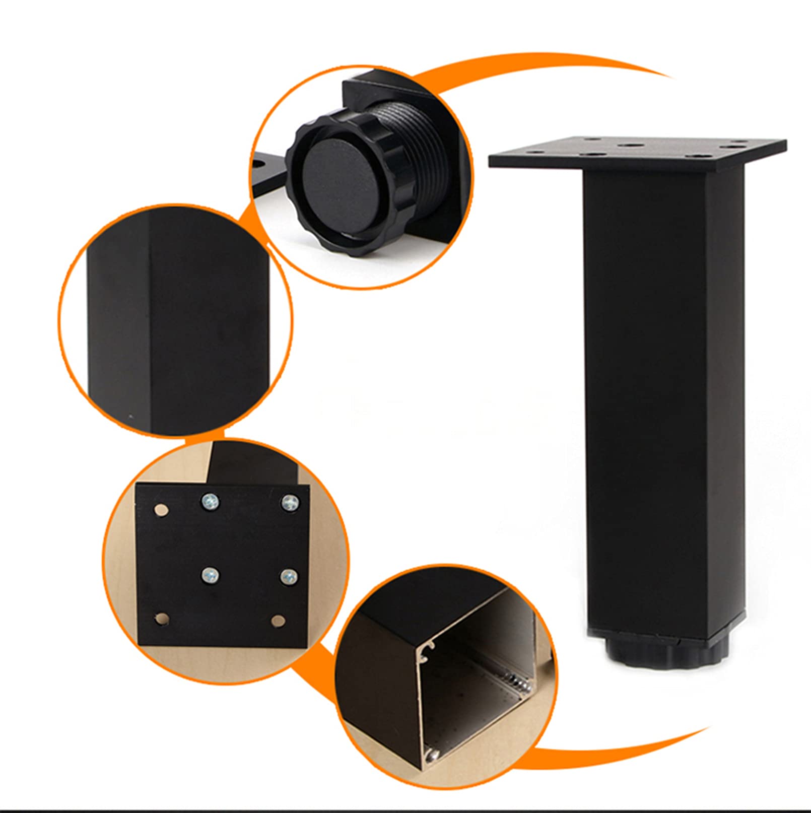 Pezzi in Lega di Alluminio, Gambe per tavoli in Metallo, Piedini per divani, Altezza Regolabile 0-15 mm, per mobili da Letto e divani, Quadrati (Nero 10 cm/4 Pollici)