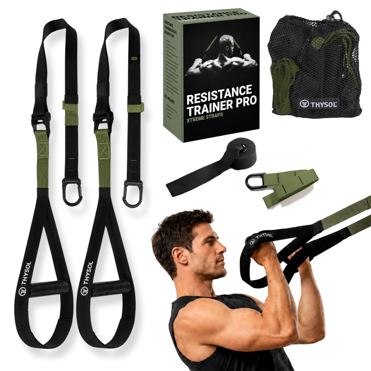 THYSOL® Suspension Trainer Pro Xtreme Straps Army | Sling Trainer Set with Adjustable Door Anchor | Fitness Home Workouts - Suitable for Travelling & for Training Indoor & Outdoor (Army Green)-image-42