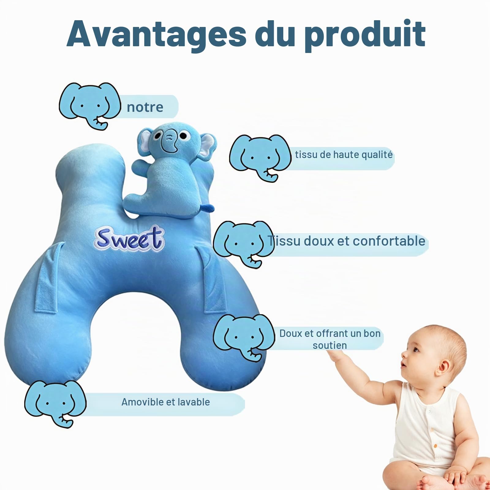 Devineresse Oreiller de Voyage Enfant, Coussin Voyage Enfant Forme H avec Appui-Tête Latéral Amovible, Oreiller de Voiture pour Dormir Lors de Longs Trajets, Velours Cristal et Éléphant