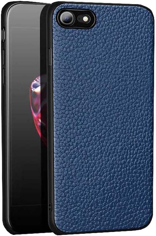 Coque iPhone 7 cuir véritable bleu motif litchi arrière antichoc mince SE