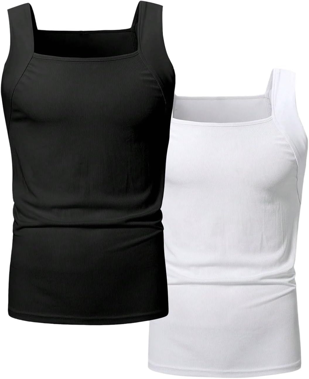 Men's 2 Pack Ribbed Tank Top Basic Square Neck Sleeveless Muscle Workout Shirts Undershirts