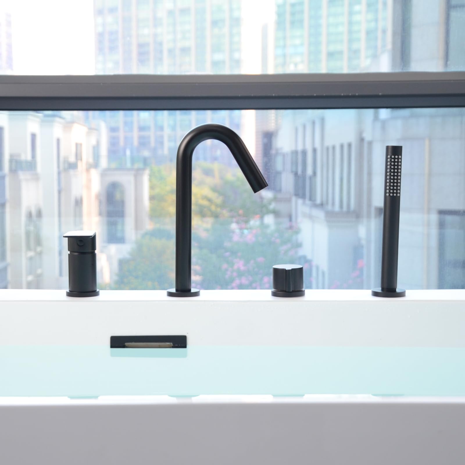 Grifo Bañera 4 Agujeros, Baño Ducha Mezclador con Ducha de Mano, 4 Orificios Grifo de Bañera con Giratorio de 360°, Para Borde de Bañera, Negro, 20Y3OK