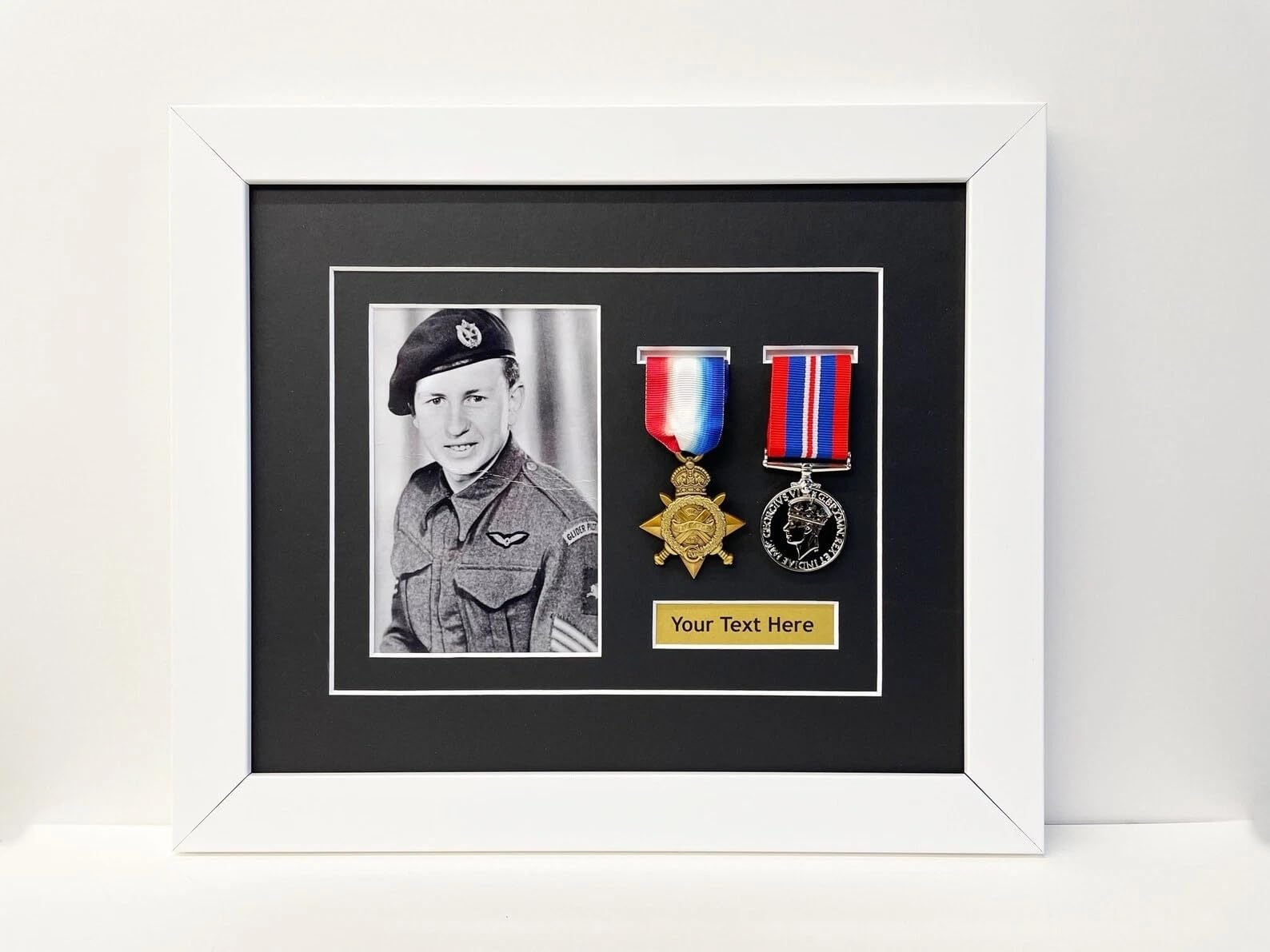 Kwik Picture Framing Ltd 2 Medal Military Medal Frame with Photo & Title Plaque 36x31cm, Black or White Mount - WW1 WW2 Shadow Box Display Case | Army RAF Navy Memorabilia Frame