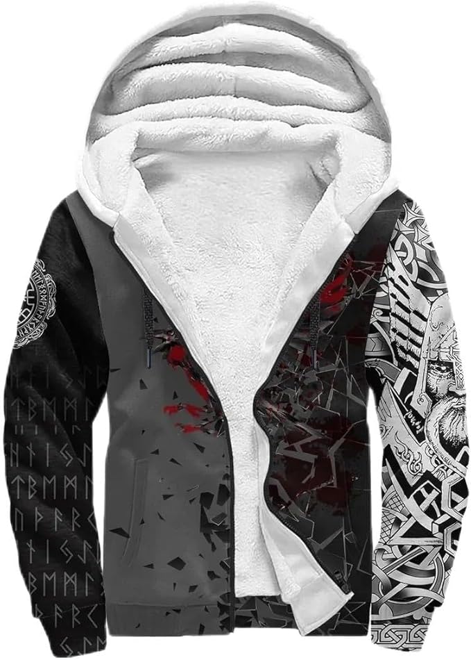 Veste Viking Capuche Doublée Polaire - Motif Noeud Celtique 3D - Veste Hiver Chaude Homme - Noir/Bleu