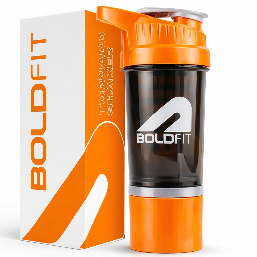 Boldfit Gym Shaker For Protein Shake Leakproof Shaker Bottles For Supplements With Extra Compartment, Pre-Workout & BCAA, Protein Shake Bottle, Gym Bottle For Men And Women Orange - 500 ml