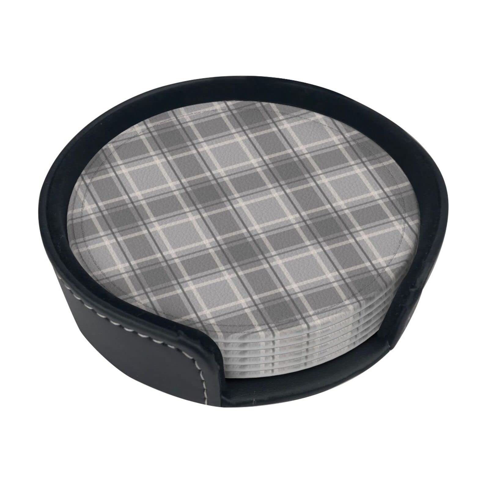 Loujin Grey Round Coasters, Tartan Soft Charcoal,Mugs Pad Cups Mat Set Of 6 Leather Drinks Coasters With Holder
