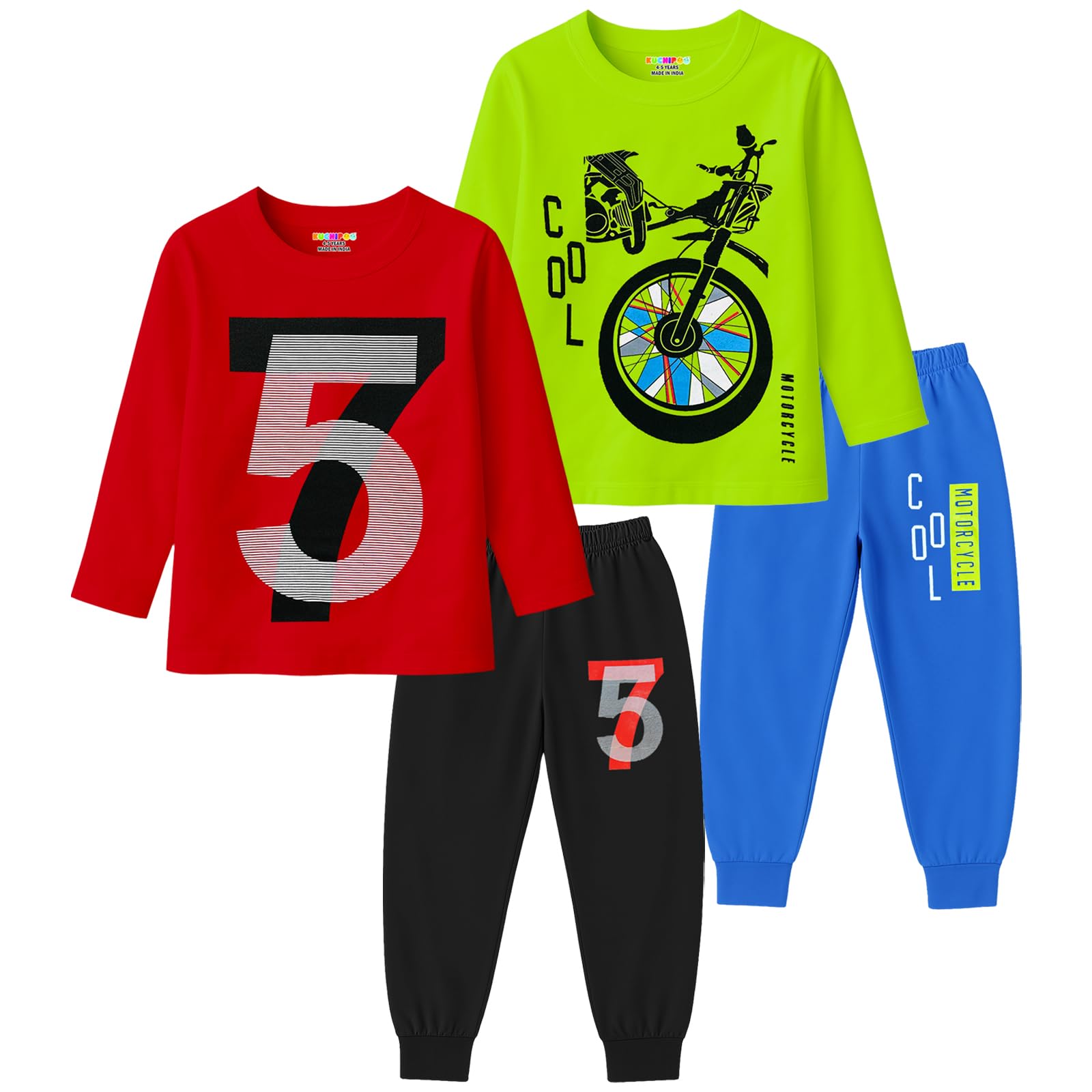 Kuchipoo Boys Full Sleeves T-Shirt and Pajamas Set-Pack 0f 2