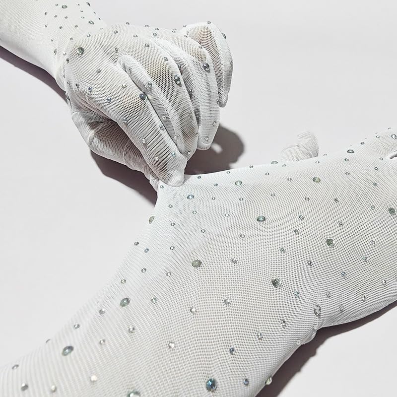 1Pair White Mesh Rhinestone Gloves Long Tulle Sheer Sparkly Elbow Length Stretchy Accessory Party Wedding Glam for Women4