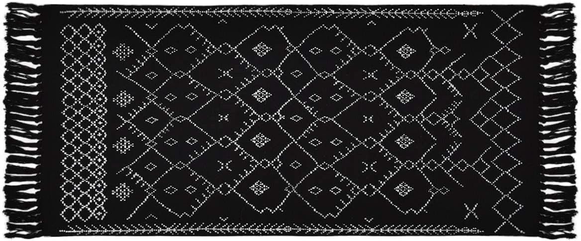 Boho Black and White Rugs, Runner Bath Rugs, Geometric Tribal Mats, 2' × 4.3' Cotton Woven Area Rug with Tassel for Kitchen, Bedroom, Entrance, Laundry Room…