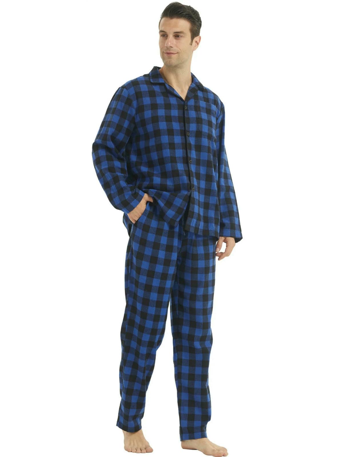 Piżama męska flanelowa, zestaw w kratkę, bawełniana bielizna nocna, ciepła miękka bielizna nocna, wygodna bielizna nocna, niebieska pled, XL