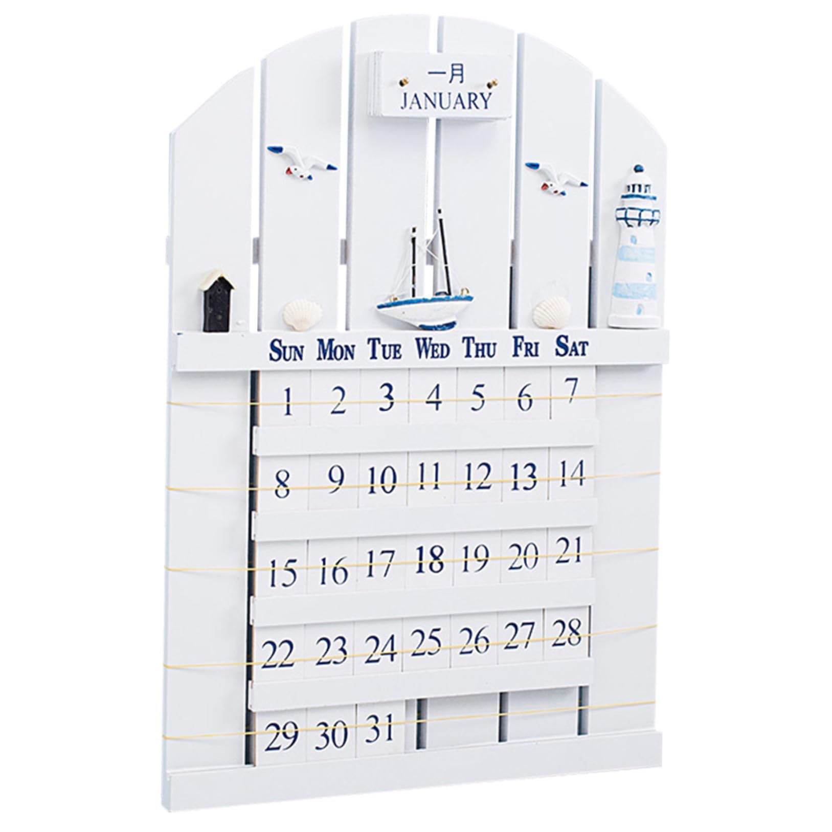 jojofuny Calendario Perpetuo de Madera Diseño Único Estilo Mediterráneo y Fácil Cambio de Mes para Decoración Verano en Hogar y Estudio