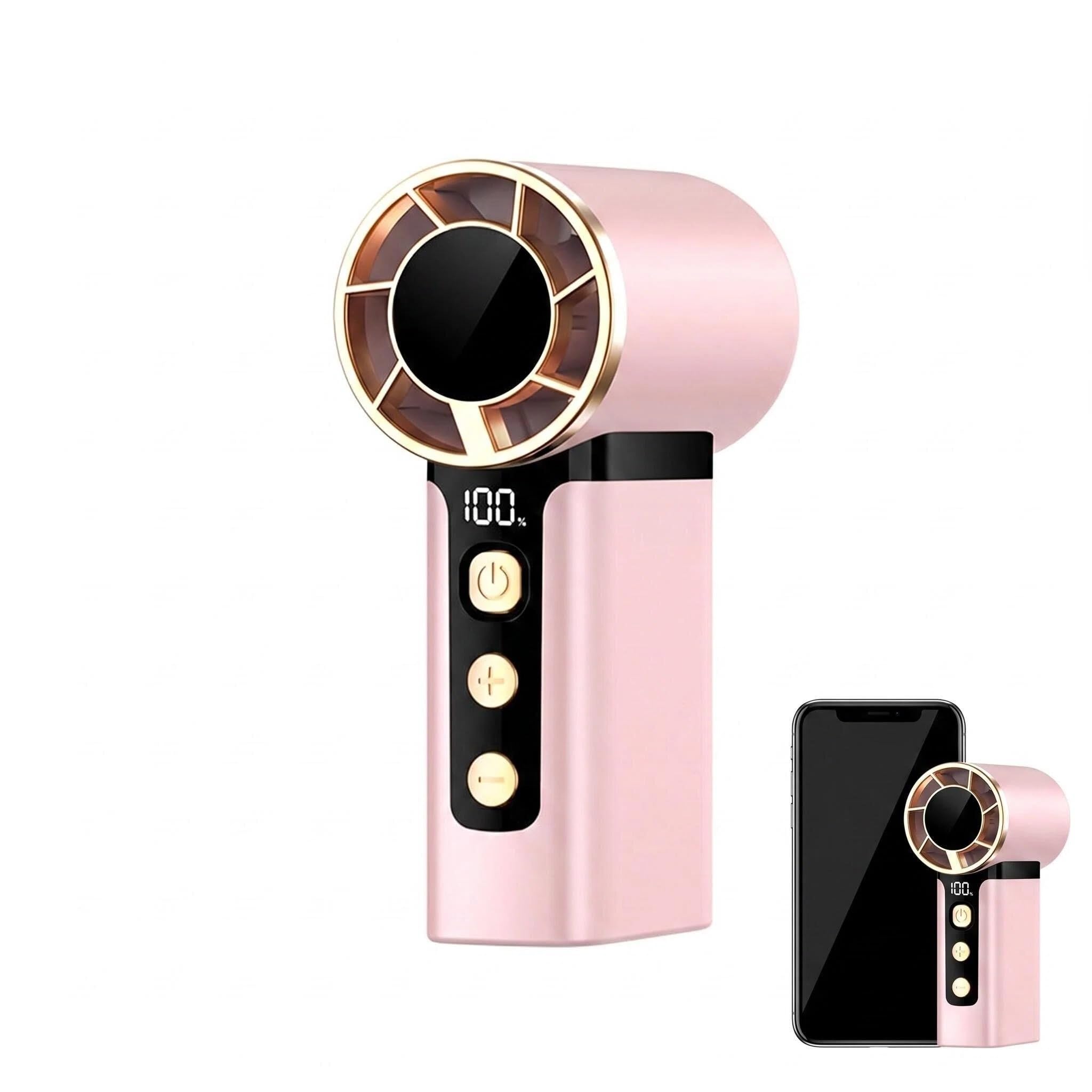 PORUPAEL High-Speed Turbo Mini Handheld Fan - 120 Speeds Rechargeable Portable Fan with LED Display, 6H Runtime, Type-C Charging, Pocket-Sized for Travel, Office, Outdoor Use (Pink)