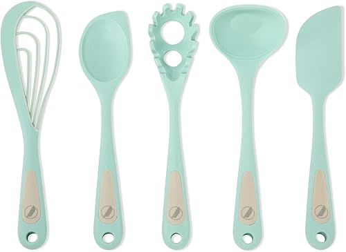 Prepdeck - Juego de cocina de silicona de 5 piezas - Girar, mezclar, batir, cucharar, colar, raspar y medir -Herramientas de cocina de doble función