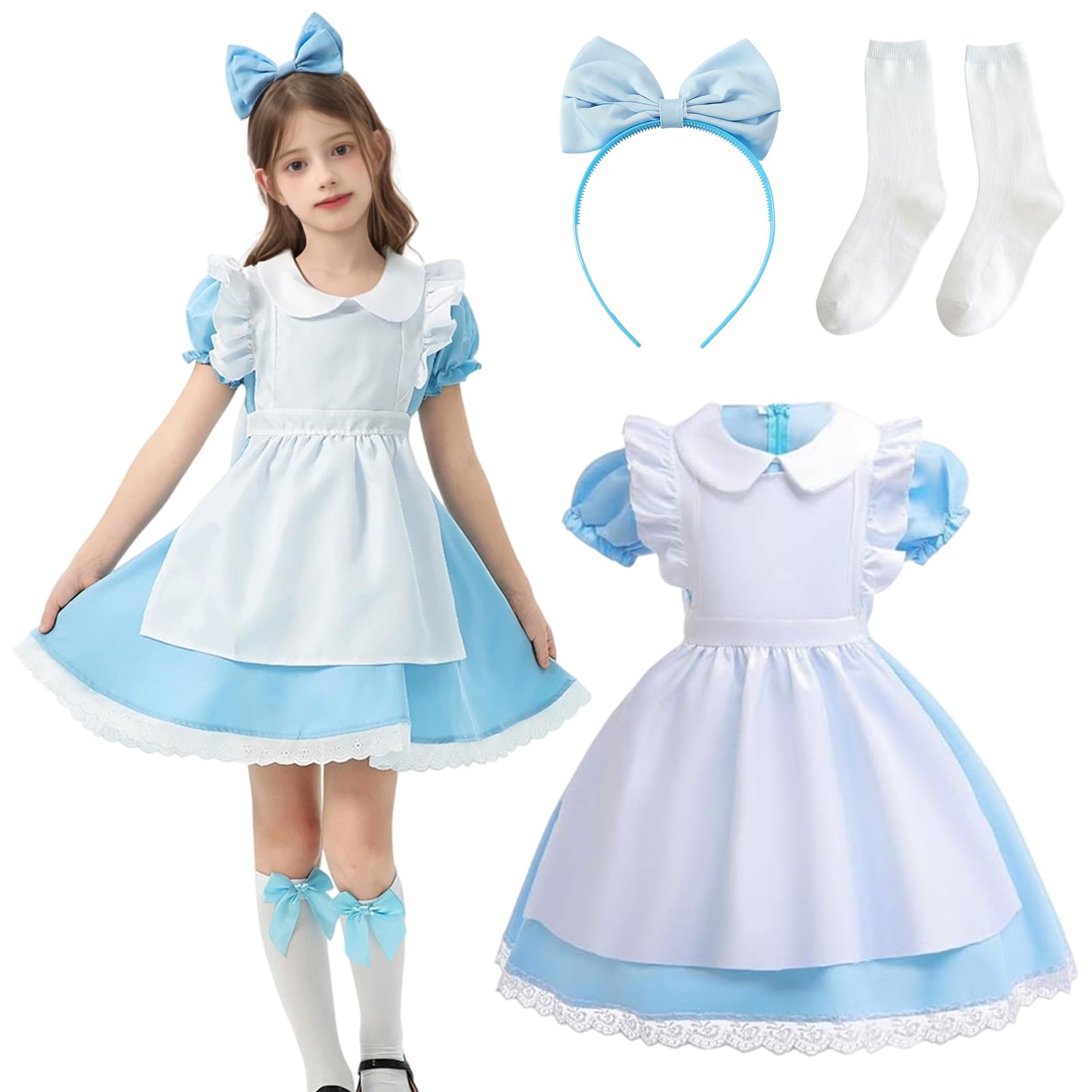 Meriviva Wonderland Princess Dress, Princess Costumes for Girls Set with White Apron Headband Socks, Blue and White Dress Girls Dressing Up Costumes World Book Day (100)