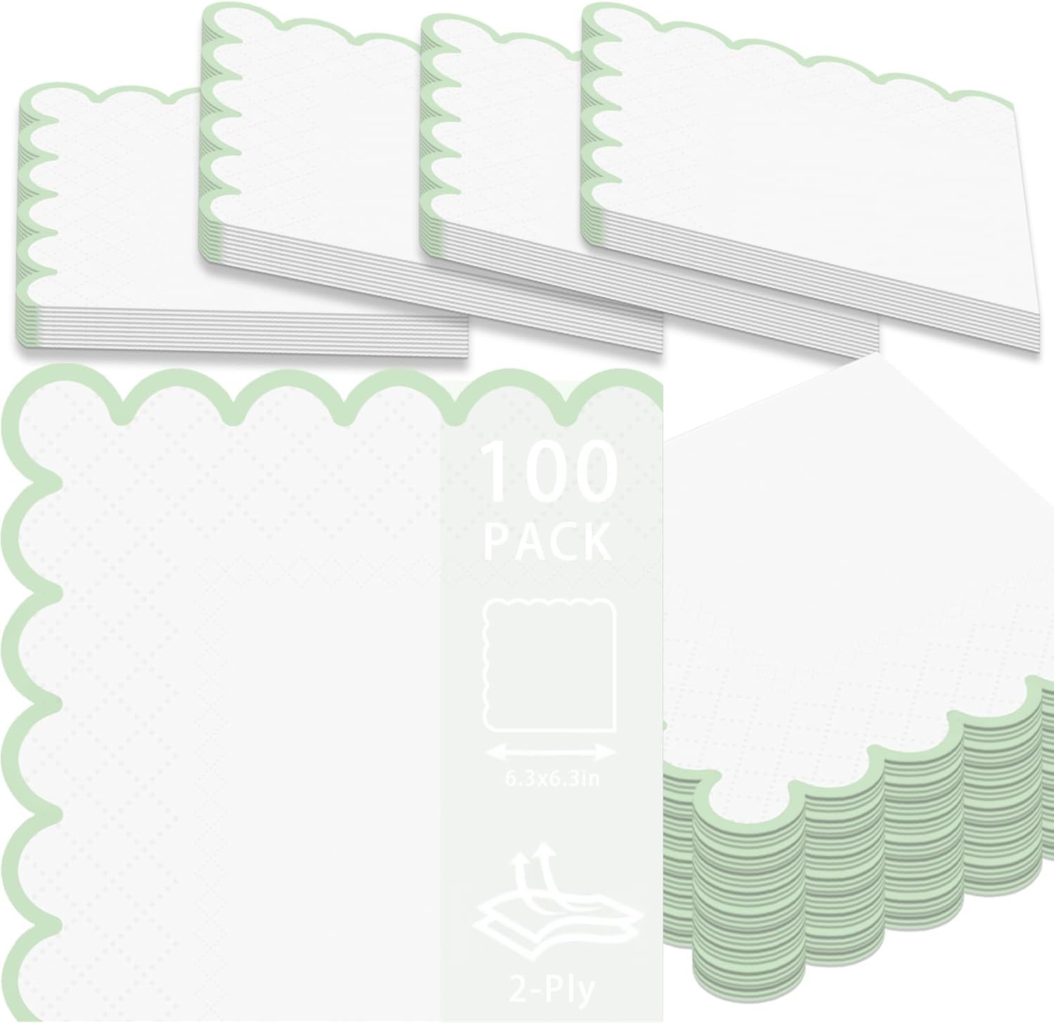 100pcs Green White Scalloped Napkins Disposable for Party & Bar