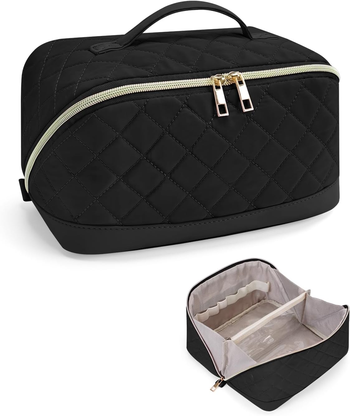 Wandering Nature Cosmetic Bag Women's Travel Make Up Bag with Brush Compartment Waterproof Large Makeup Bag for Everyday Use Portable Toiletry Bag with Divider Insert and Handle Black Patent Pending