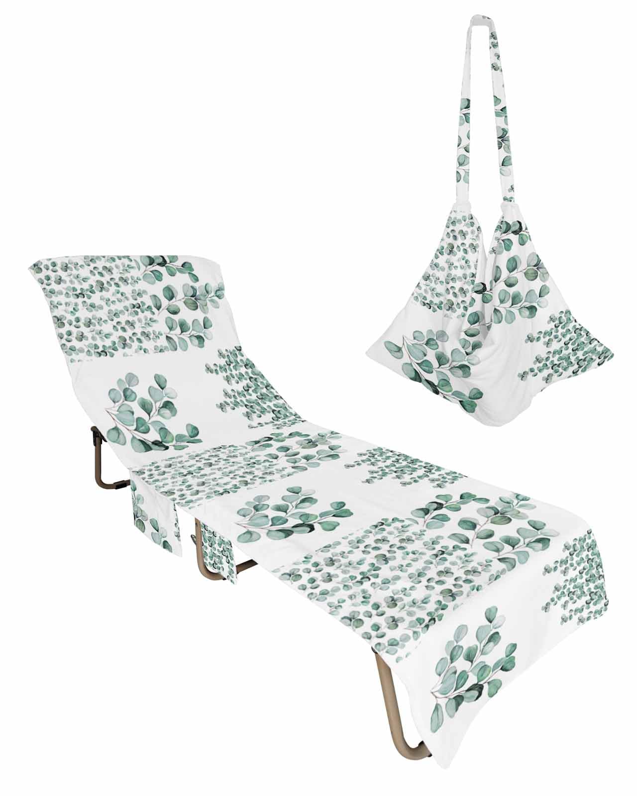 Eucalyptus Leaf Beach Lounge Chair Towel Cover, Soft Chaise Lounge Towel with Side Pockets Patio Pool Chairs Cover for Beach/Pool Sunbathing 29x85 Weeping Teal Botanical Watercolor