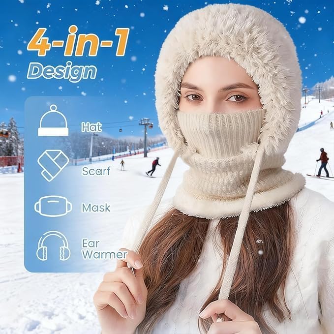 3 in 1 Beanie Hat with Scarf and Mask,Womens Knit Beanie Hat Fleece Lined Winter Scarf Mask Set Snow Caps 7-14 Days delivery - Image 3