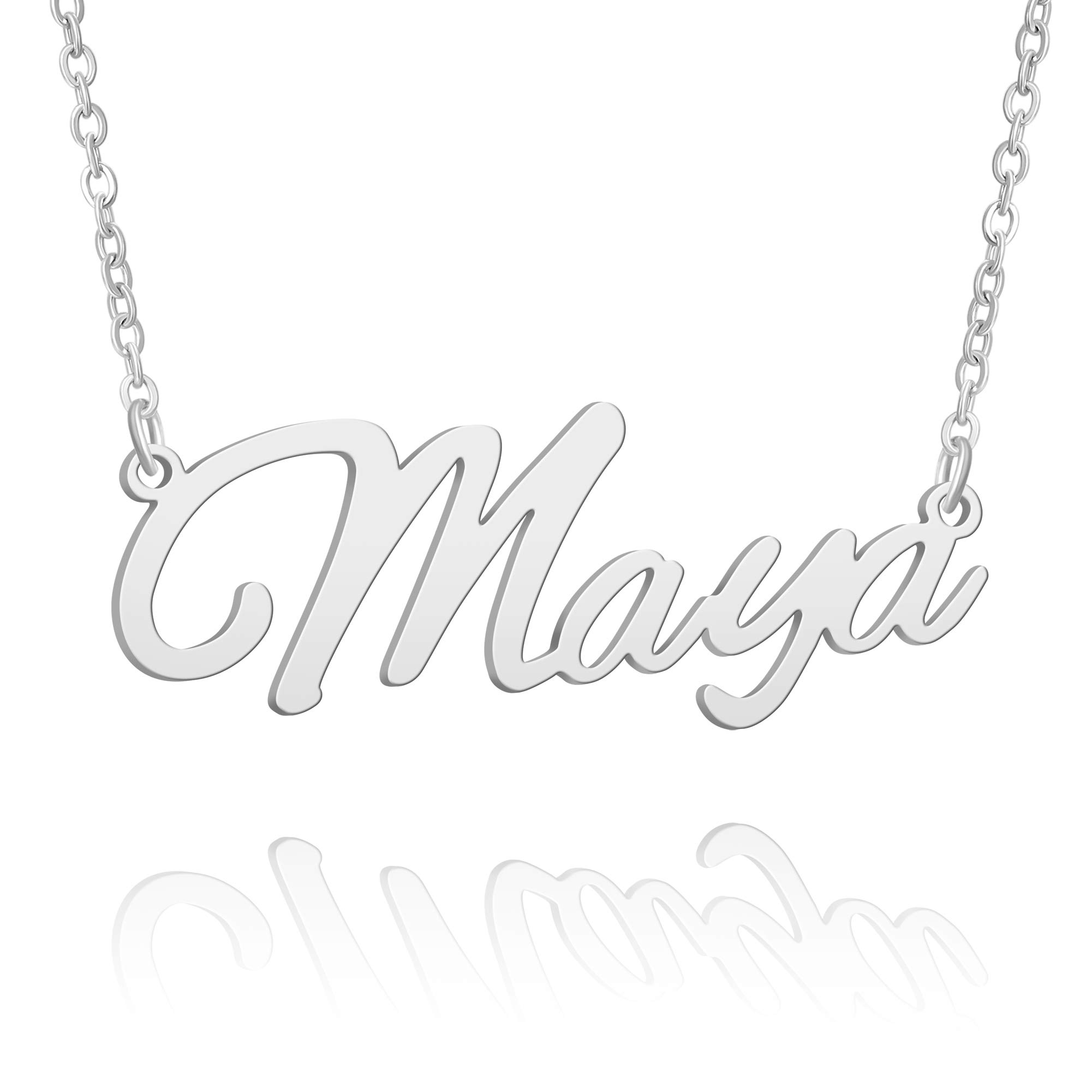 BUREIName Necklace Personalized 14K Gold Plated Name Necklace Nameplate Bridesmaid Pendant Jewelry Gift For Women Mom Wife Girlfriend Mothers Day Valentines Loves Anniversary Birthday Between