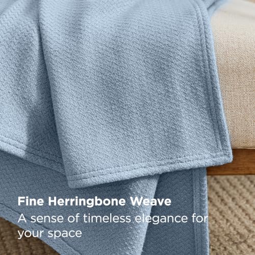 Image of Bedsure 100% Cotton Blanket, Herringbone Weave, Queen Size, Light Blue